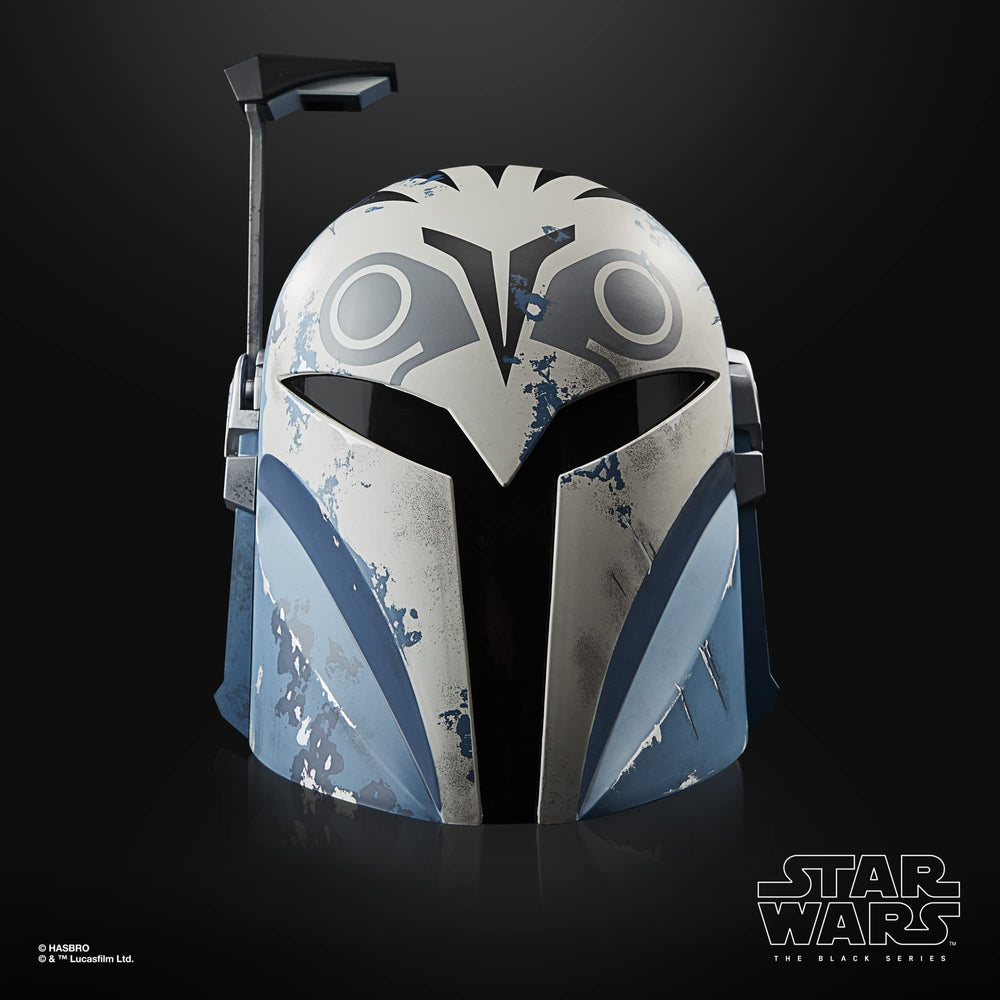 Hasbro Star Wars Bo-Katan helmet displays as a premium collectible piece.