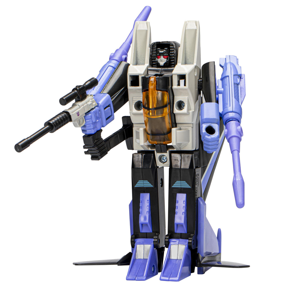 Hasbro Transformers Skywarp retro figure front view showcases authentic G1 styling for display.