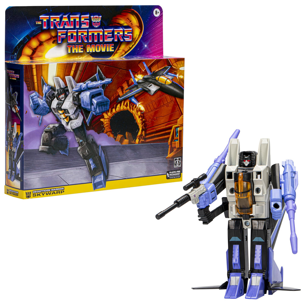 Hasbro Transformers Skywarp retro figure robot-mode pose highlights classic 7-step conversion play.