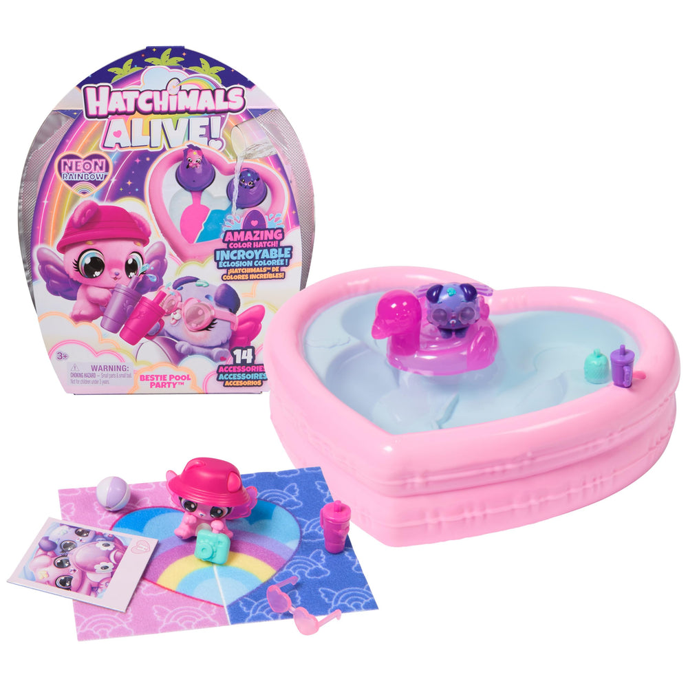 Hatchimals Alive Neon Rainbow Bestie eggs in pool begin color reveal