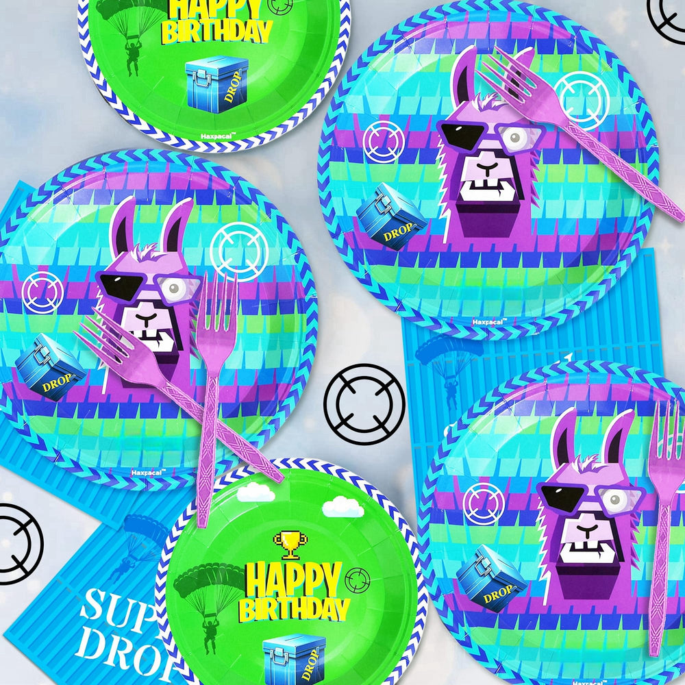 Haxpacal video games llama 7-inch plates for snacks and desserts.