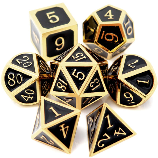 Haxtec DND dice set: glossy gold-edged D20 against black enamel for premium RPG sessions