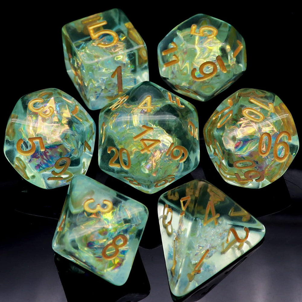 Haxtec Light Green DND D20 dice with iridescent inclusions for RPG sessions