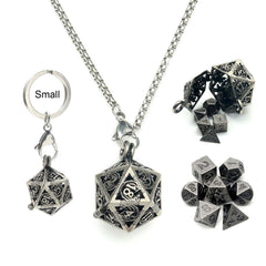 Haxtec mini D&D dice with hollow necklace case for portable play.