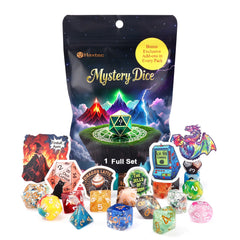 Haxtec Mystery Dice Set 7-dice pack with varied patterns for RPG sessions.