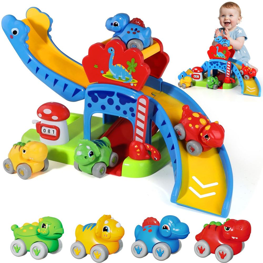 HAYXUN Dino Slide Set with multi-route tracks to boost toddler coordination and imagination.