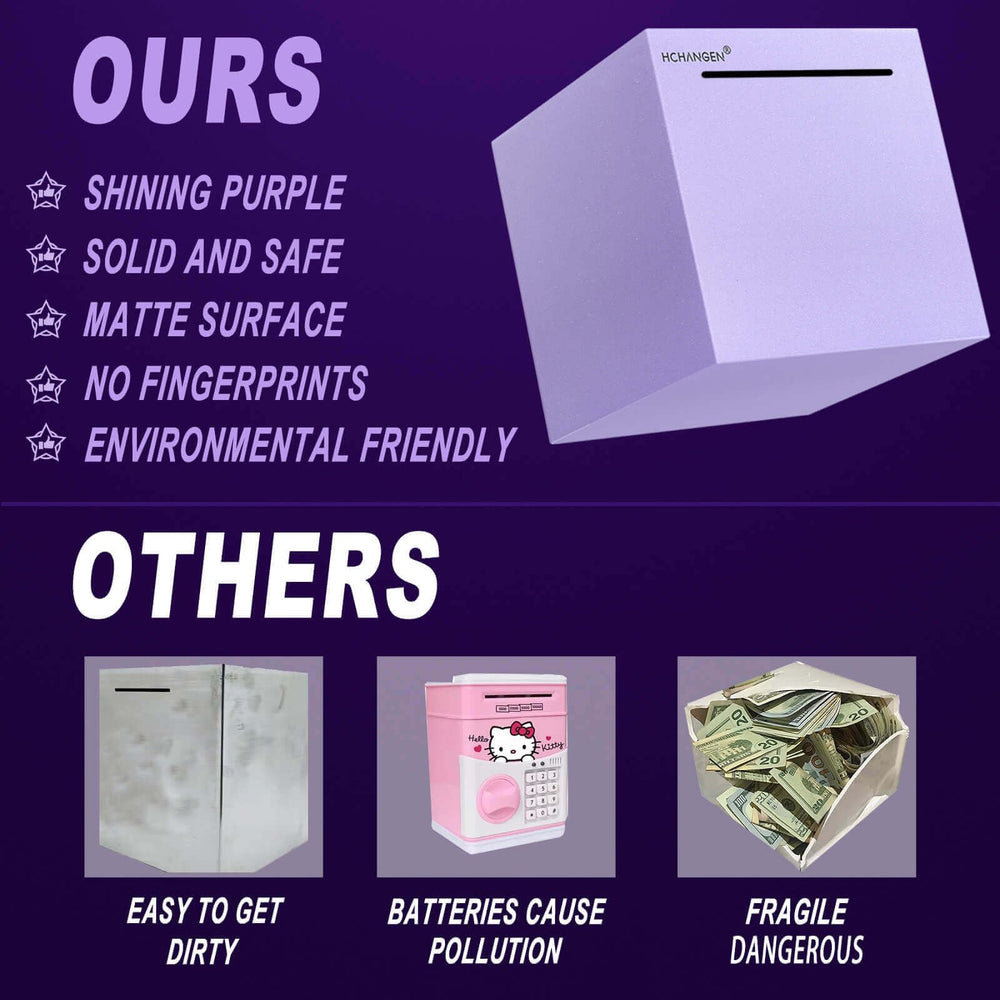 HCHANGEN purple piggy bank 4.75-inch front view on desk or shelf, compact and sturdy.