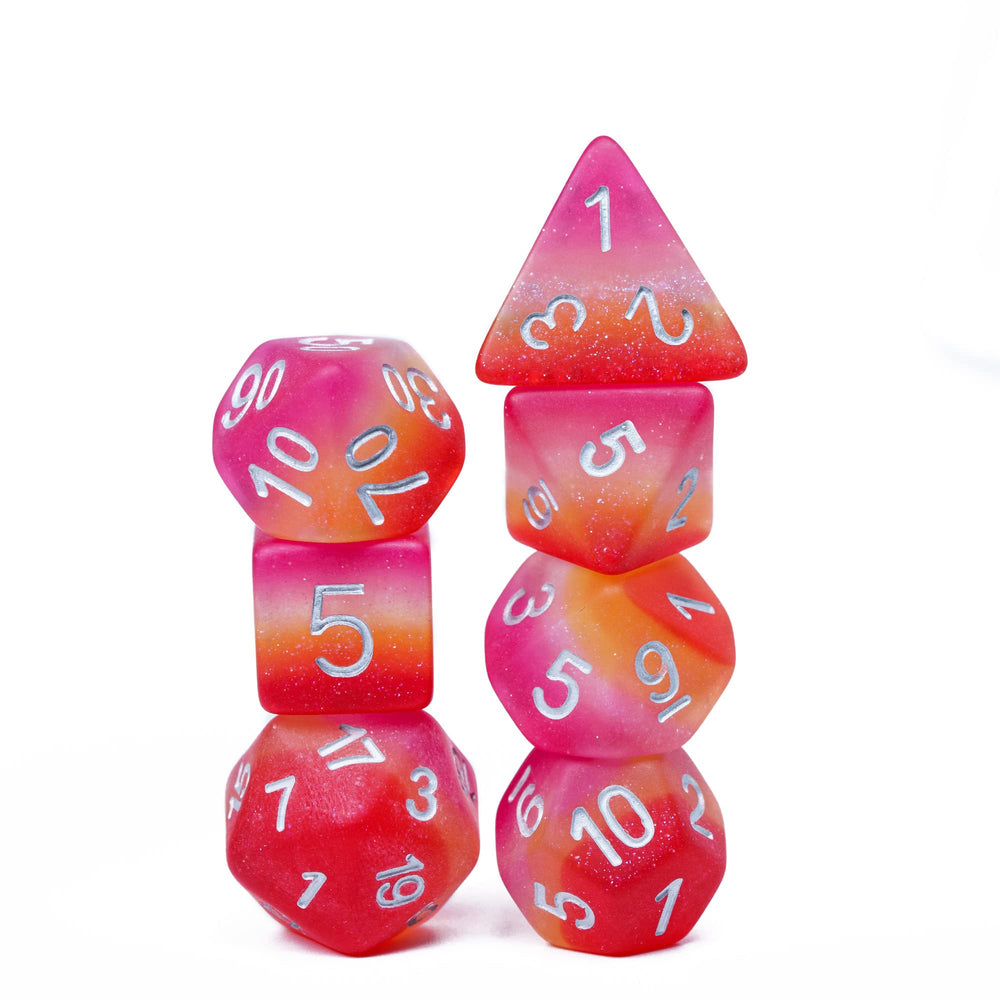 HDdais lesbian pride flag pattern on DND dice for inclusive RPG vibes.
