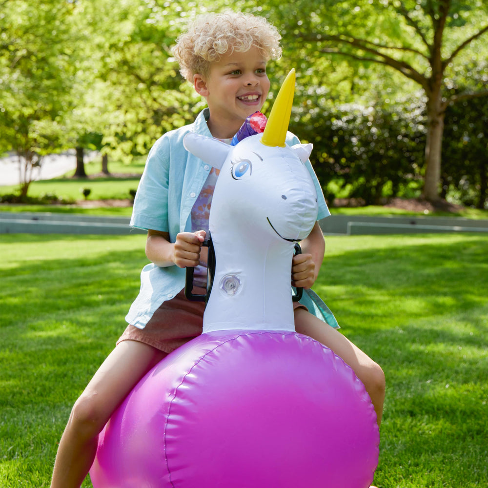 HearthSong Hop N Go unicorn bouncer durable vinyl construction for long-lasting fun