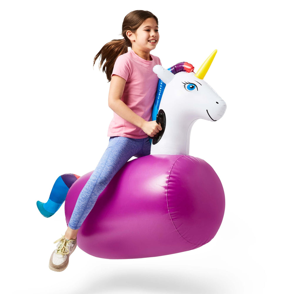 HearthSong Hop N Go unicorn bouncer front view for outdoor active play