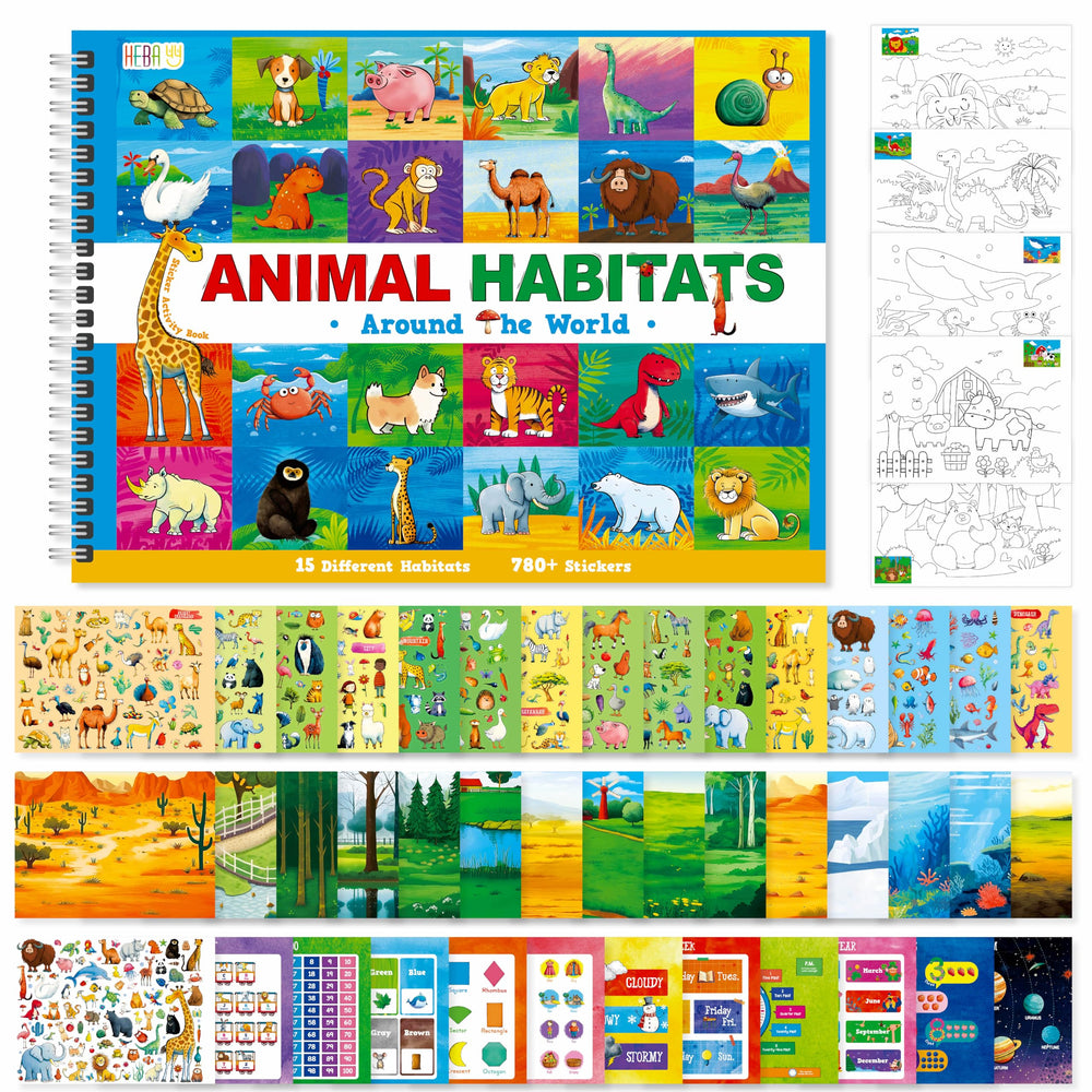 Hebayy Animal Habitat Sticker Book cover with vibrant scenes to spark curiosity