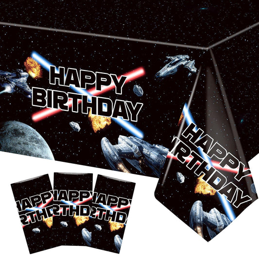 Heboland space battleship tablecloth with galaxy scene, durable protection for kids' party tables.