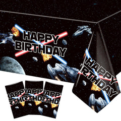 Heboland space battleship tablecloth with galaxy scene, durable protection for kids' party tables.