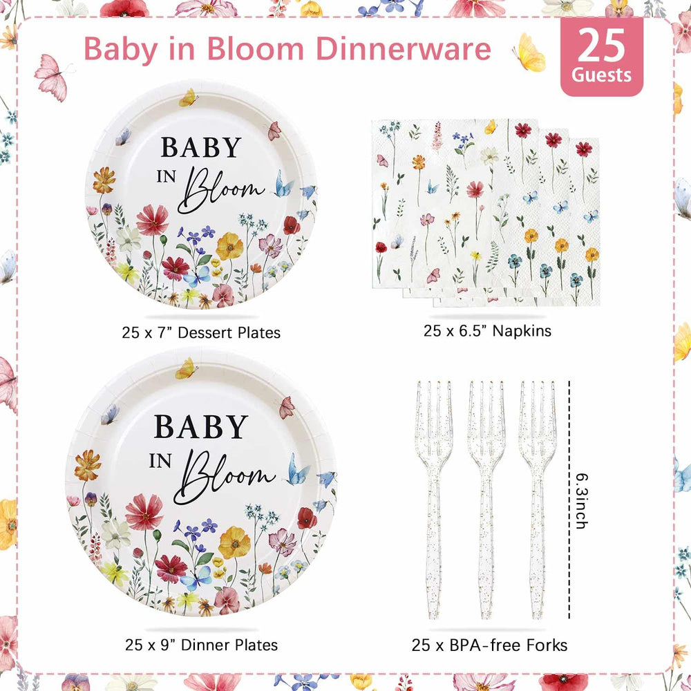 Heboland Wildflower Baby in Bloom tableware set helps plan a complete party table.