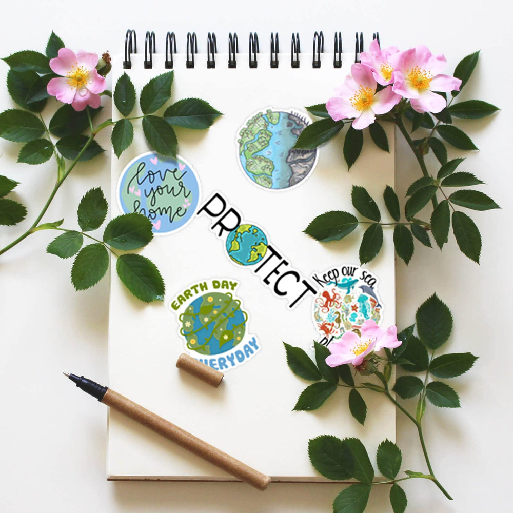 Hebraeos Earth Day stickers for stationery add vibrant, erasable-friendly designs to notebooks