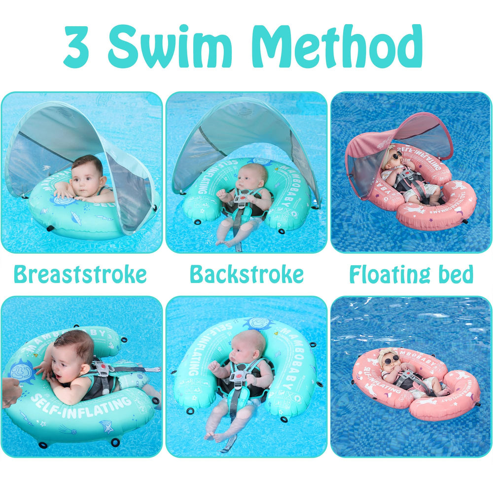 HECCEI Mambobaby floating bed with canopy extended over water for shade