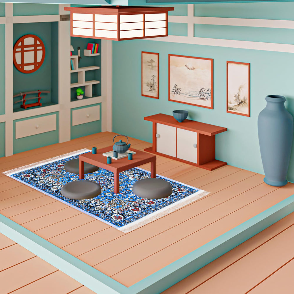 Blue rug texture and distressed finish add lived-in feel to vintage rooms.