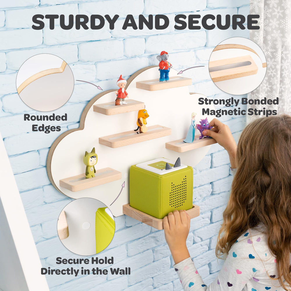 Cloud Tonie Shelf displays Tonies figures neatly in a kids’ room.