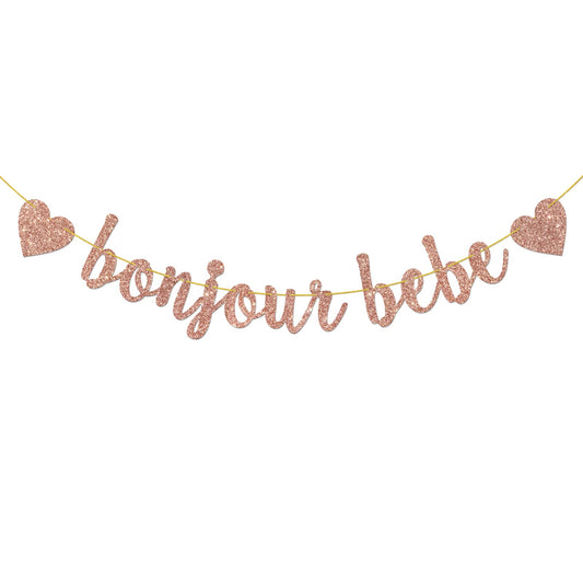 Helewilk rose gold glitter Bonjour Bebe banner adds festive baby shower ambiance.