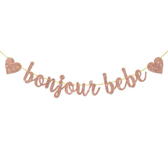 Helewilk rose gold glitter Bonjour Bebe banner adds festive baby shower ambiance.