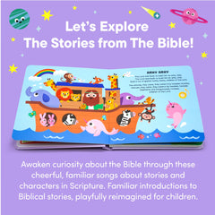 Hello 2 Kids Bible Stories play button page for interactive learning on every spread.