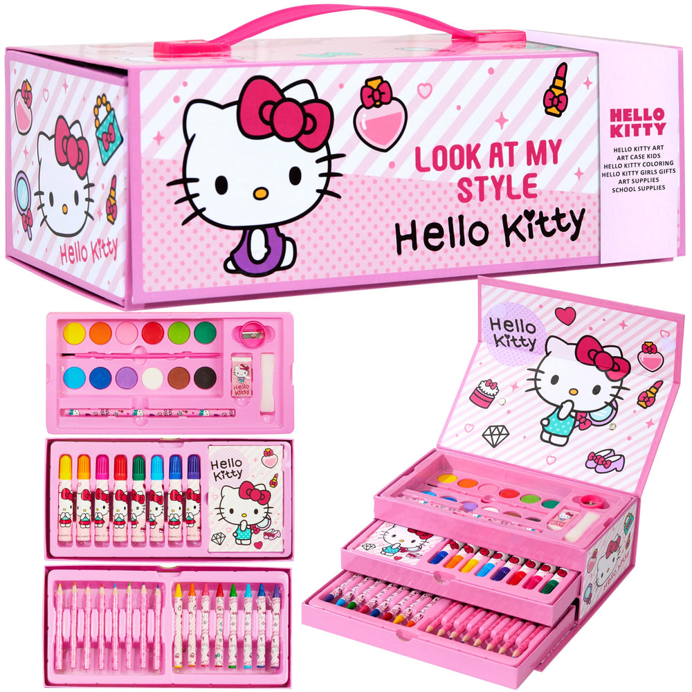 Hello Kitty art set carry case open with organized trays for easy art on the go