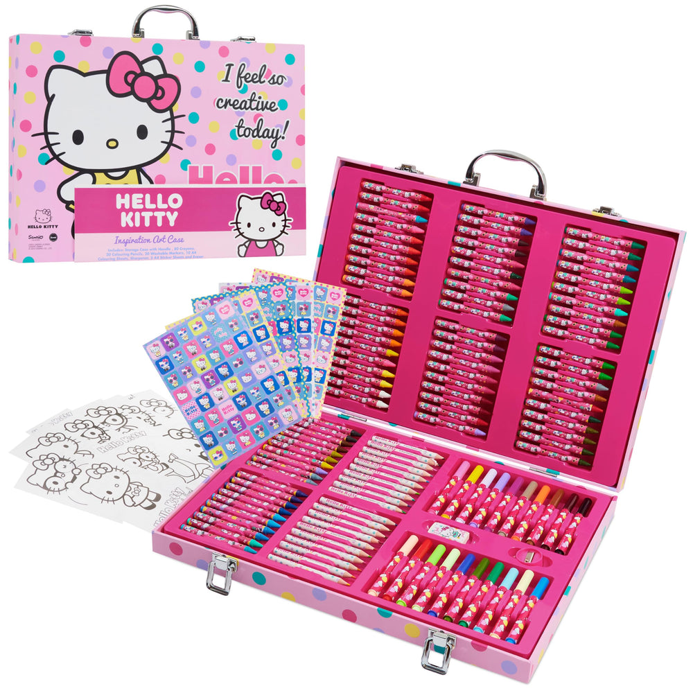 Hello Kitty art kit travel case opens with colorful pencils ready for on the go creativity.