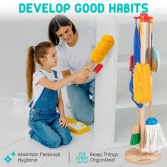 HELLOWOOD kids cleaning set dustpan; sturdy wooden tool for tidy-room habits