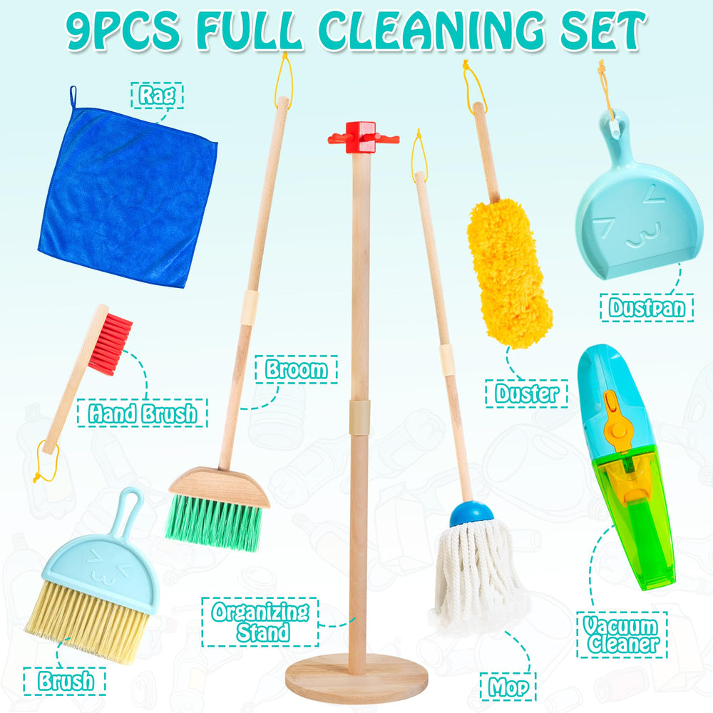 HELLOWOOD Kids Cleaning Set wooden broom and mop: durable tools for tidy-up pretend tasks