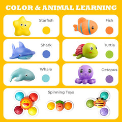 Hely Cancy seven colorful tub friends brighten bath time together.