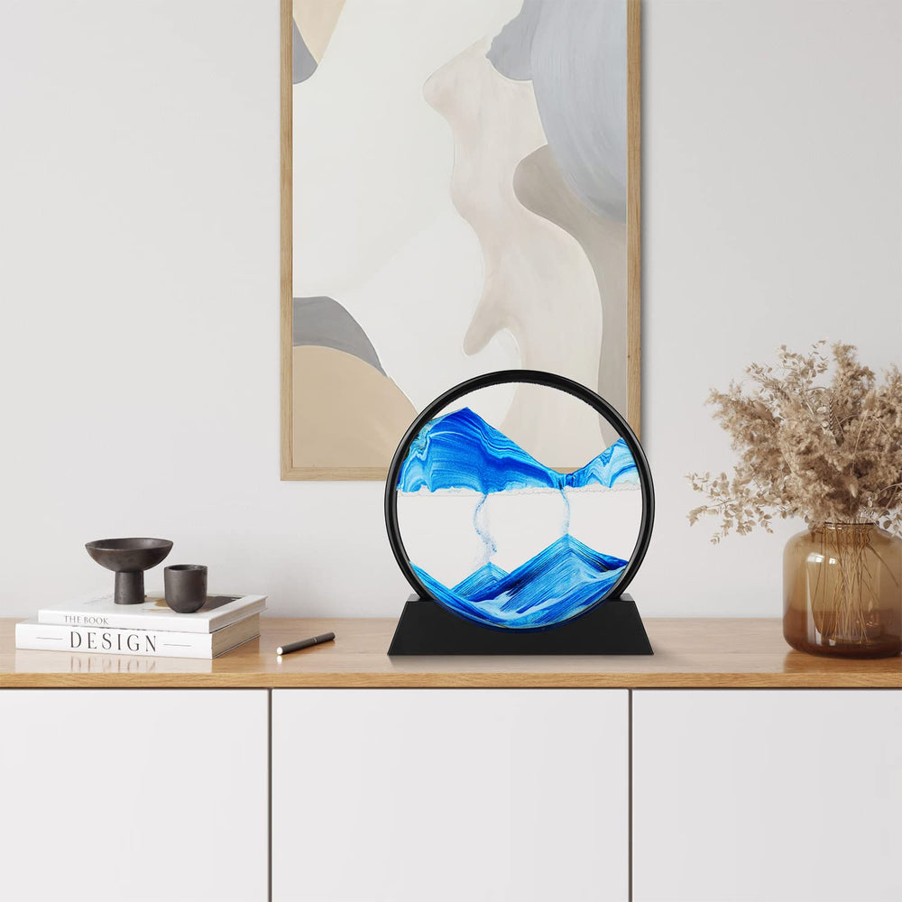 Herecanli moving sand art blue round glass 7in on mantel for calm spaces.