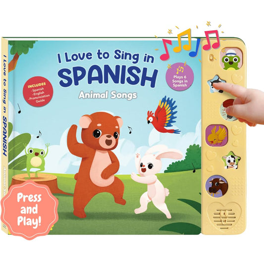 Heritage Kids Press I Love to Sing in Spanish Animal Songs cover with friendly animal characters
