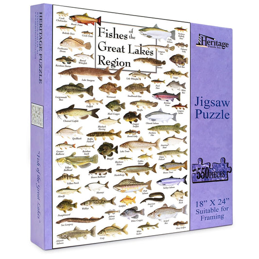 Heritage Puzzle Inc. Fishes of the Great Lakes box art for quick reference while assembling.