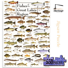 Heritage Puzzle Fishes of the Great Lakes illustration shows 106 species for educational fun.
