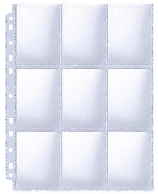 HERKKA trading card sleeve pages showing 9-pocket layout with 11-hole binder compatibility for secure storage