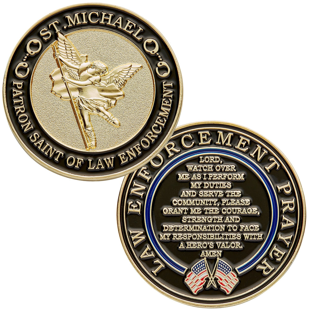 Hero's Valor St. Michael challenge coin front view, symbolic protection for officers.