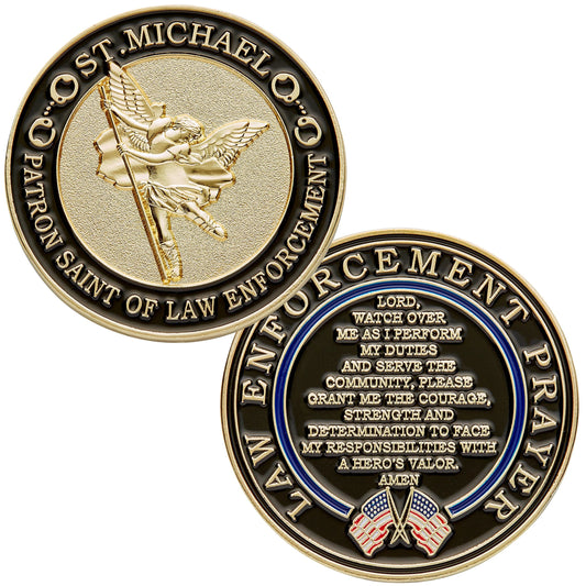 Hero's Valor St. Michael challenge coin front view, symbolic protection for officers.