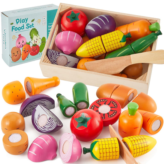 HERSITY wooden play food cut vegetables for pretend cooking and fine motor practice.