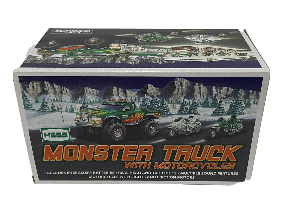 Hess C-46 2007 monster truck with motorcycles in green and white, lights and sounds for engaging play.