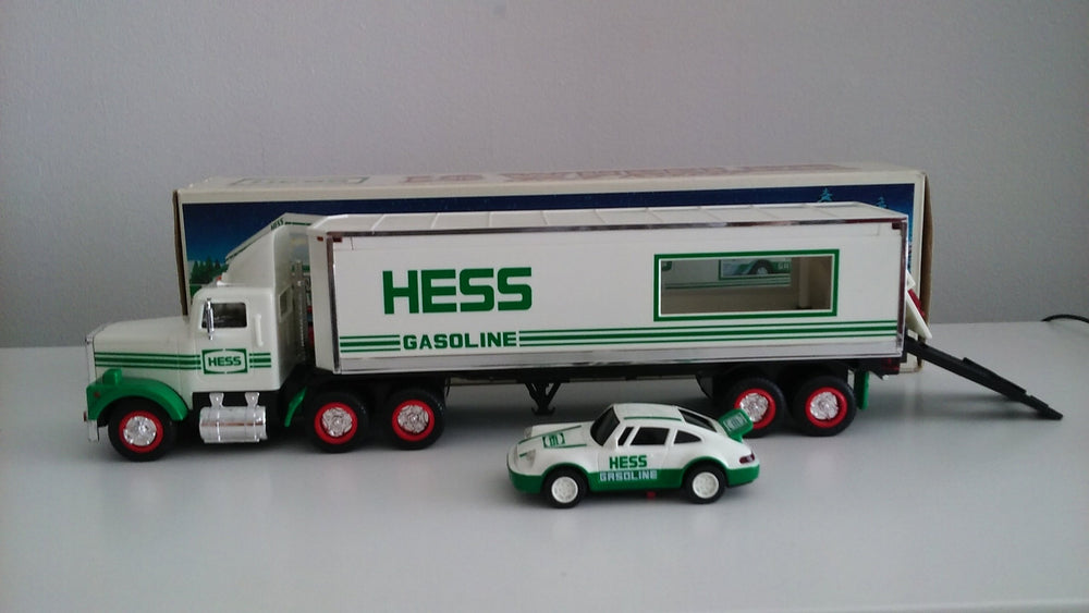 Hess Truck 18-wheeler on display, nostalgic collectible.