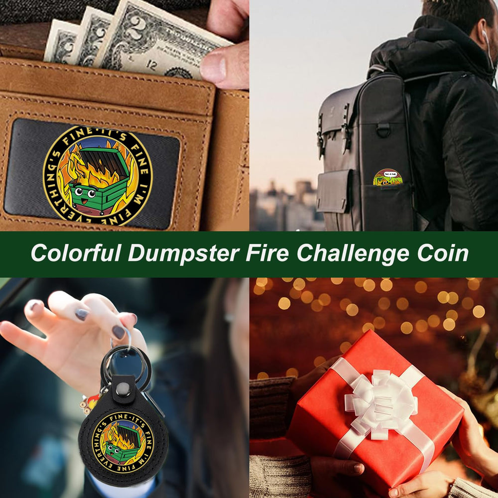 HEWJYDE Dumpster Fire Coin front view with vibrant design for desk decor