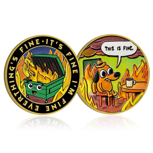 HEWJYDE Dumpster Fire Coin front view for desk humor and morale boost