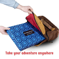 Hexers XL folded for easy transport and storage in a backpack.