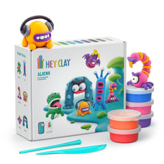 HEY CLAY Set aliens bright cans arranged for imaginative kid-friendly play.