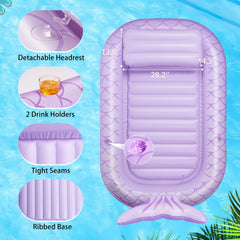 HeySplash inflatable tanning lounger purple, cup holders visible, convenient for beverages.