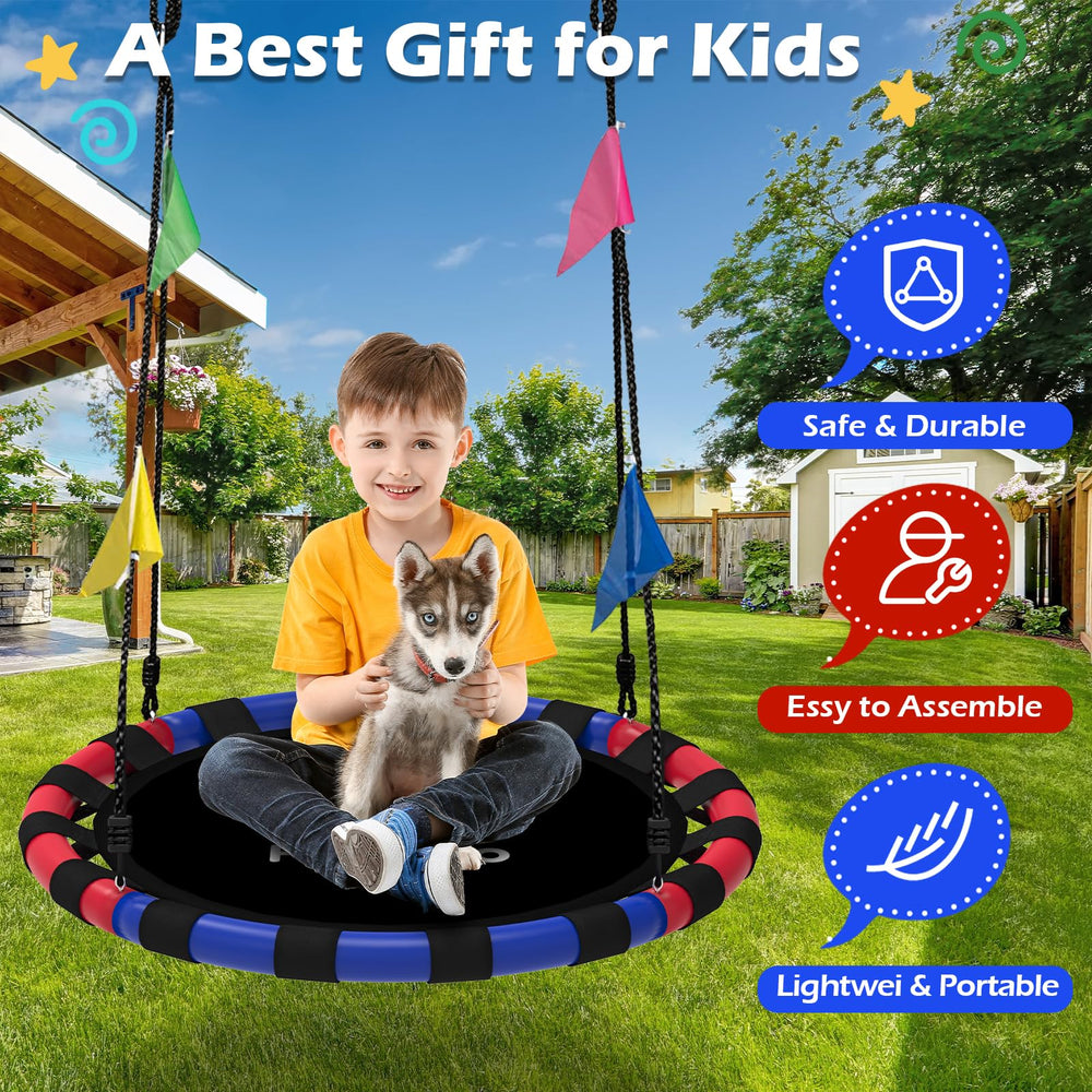 HeyZoo saucer swing shows 360-degree swivel for dynamic spins