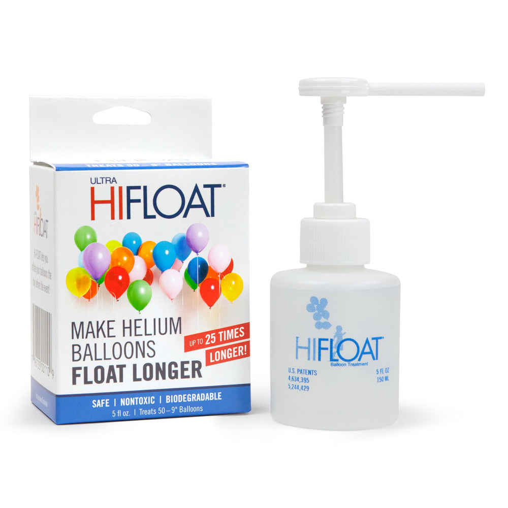 HI-FLOAT bottle close-up showing coating for longer-lasting helium balloons.