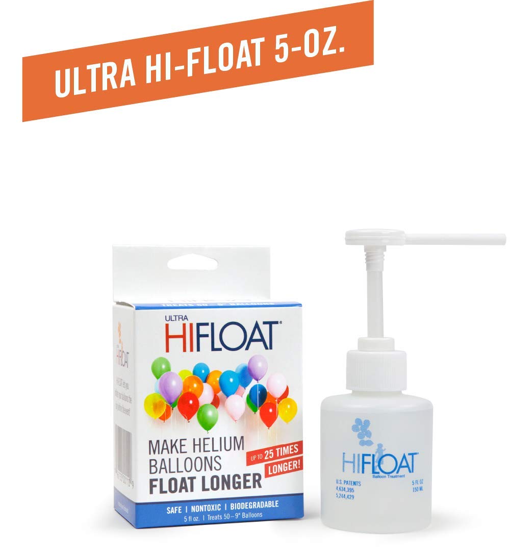 HI-FLOAT label on bottle demonstrates usage for party-ready balloons.