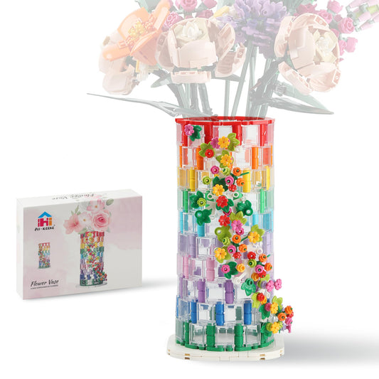 HI-REEKE vase building set front view showcases clear display for building-block flower bouquets