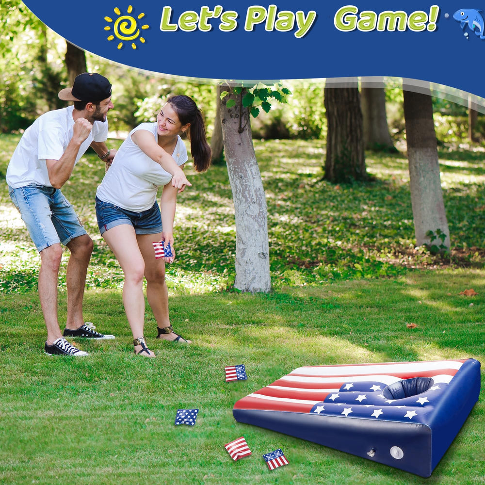 Hiboom pool cornhole board floating on water inviting family competition